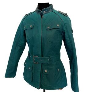 Barbour International Black Streak‎ Jacket Womens Green Waxed Cotton Moto Belted